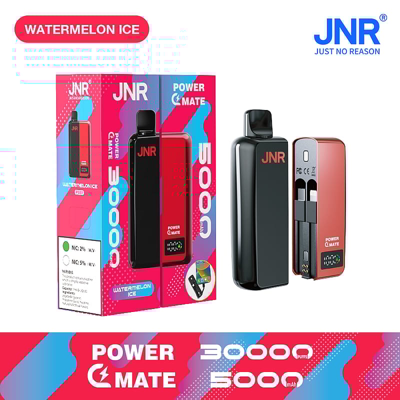 Watermelon Ice flavored JNR Power Mate vape device with 5000mAh battery and 30000 puffs, displayed alongside packaging.