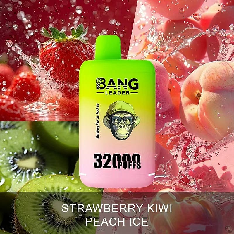 A vibrant vape cartridge labeled "Bang Leader" with 32,000 puffs, featuring flavors of strawberry, kiwi, and peach ice, surrounded by imagery of fresh strawberries, kiwi slices, and peaches with water splashes.