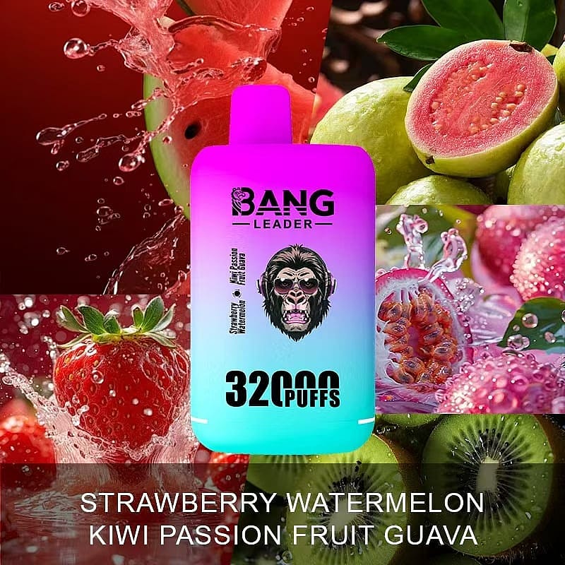 Colorful vape device labeled 'Bang Leader' with flavors listed as strawberry watermelon, kiwi passion fruit guava, and a background of assorted fruits including strawberries, guavas, and kiwis.