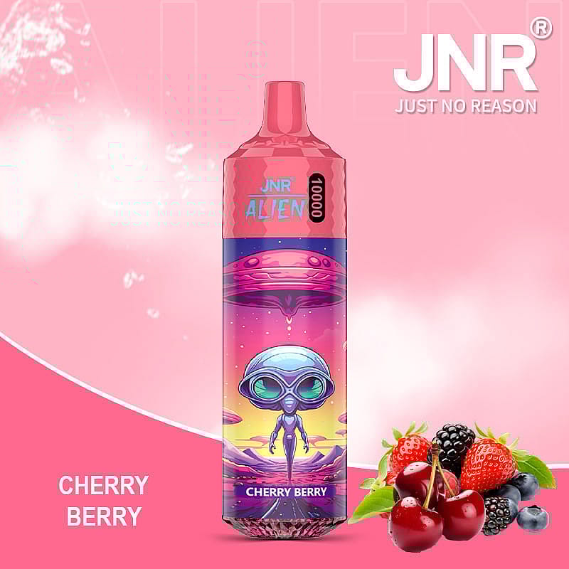 Promotional image of a disposable vape device branded 'JNR Alien', featuring a cherry berry flavor, illustrated with an alien and a vibrant extraterrestrial background, with mixed berries shown in the corner.