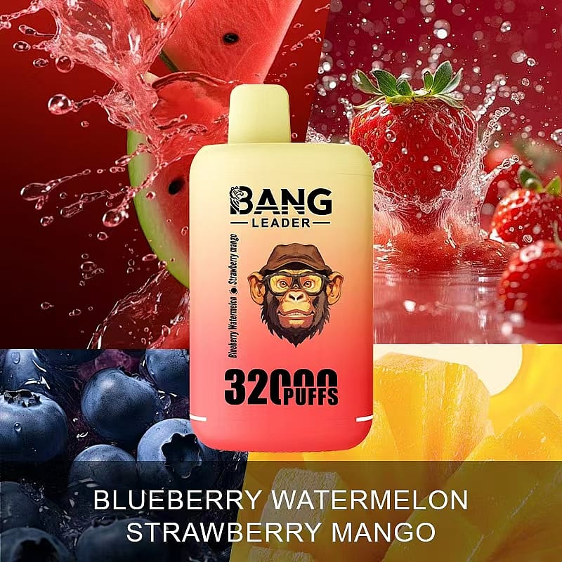 A Bang Leader vaping device featuring blueberry, watermelon, strawberry, and mango flavors, labeled as offering 32,000 puffs, against a vibrant background with images of blueberries, watermelon slices, strawberries, and mango chunks.