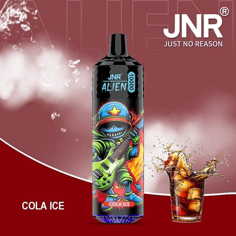 A promotional image showing a JNR branded disposable vape featuring a colorful alien design labeled 'Cola Ice,' alongside a splashing glass of cola with ice cubes, set against a red background.