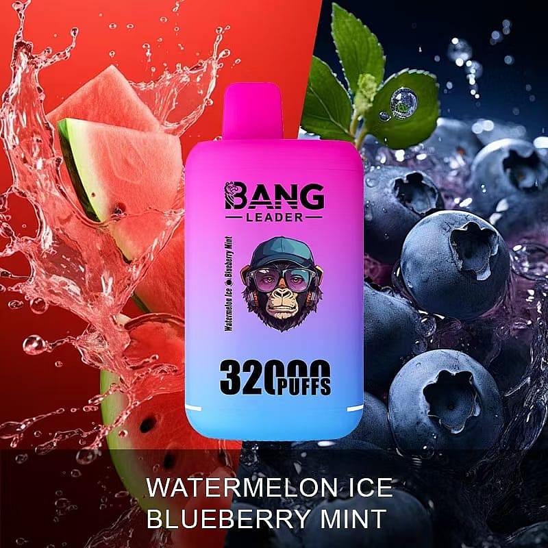 Colorful vape juice container labeled 'Bang Leader' with flavors Watermelon Ice and Blueberry Mint, featuring images of watermelon slices and blueberries with mint leaves.