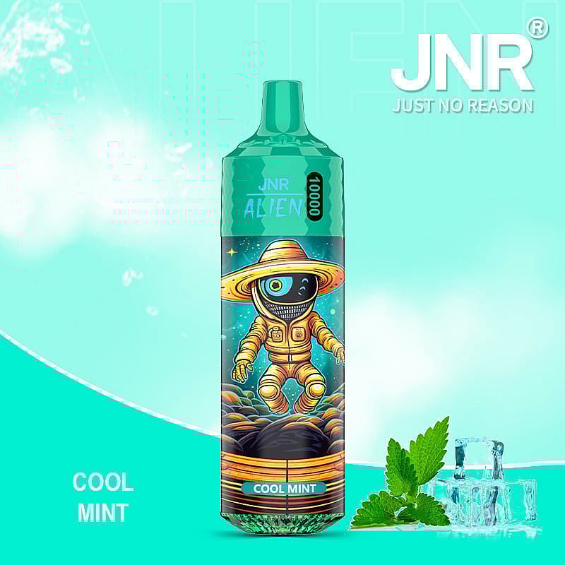 A vibrant promotional image for a product titled 'JNR Alien 10000' featuring a graphic of a cartoon alien in a space suit, set against a colorful background with a mint and ice motif to highlight the 'Cool Mint' flavor.