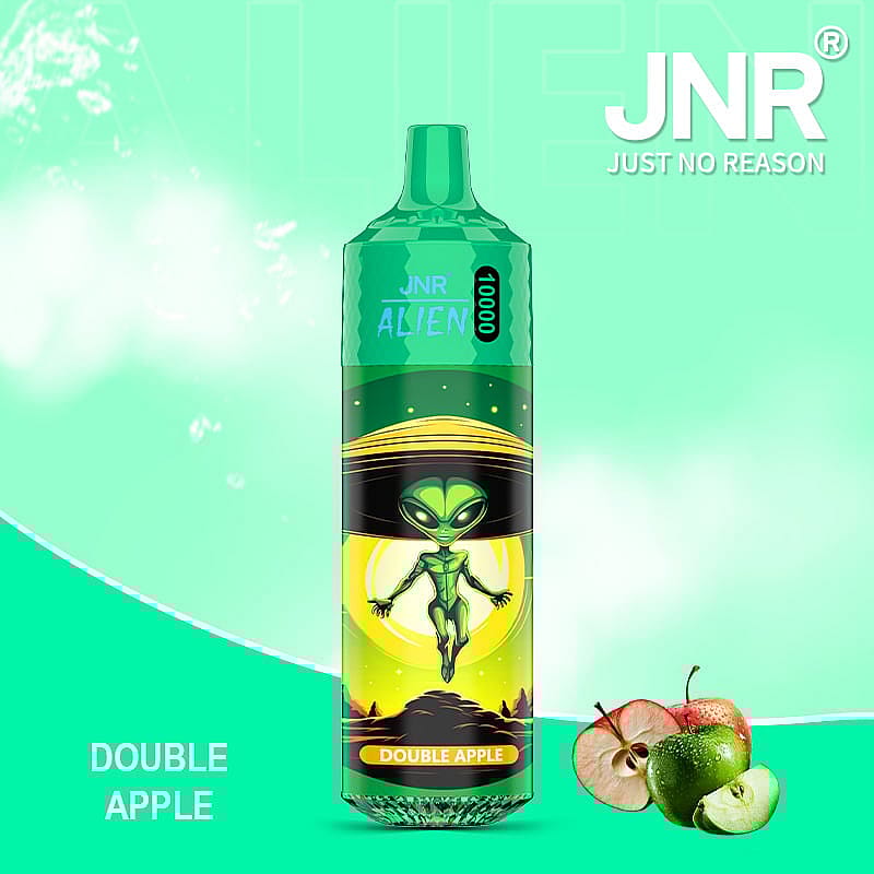 A promotional image of a green vaping device labeled 'JNR Alien Double Apple' featuring an alien illustration, with sliced apples displayed in the corner against a vibrant green background.