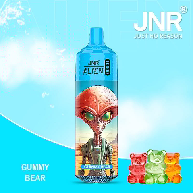 A blue cylindrical JNR branded vaporizer labeled 'Alien 10000 Gummy Bear', featuring an illustration of a red alien head and accompanied by colorful gummy bear candies on a light blue background.
