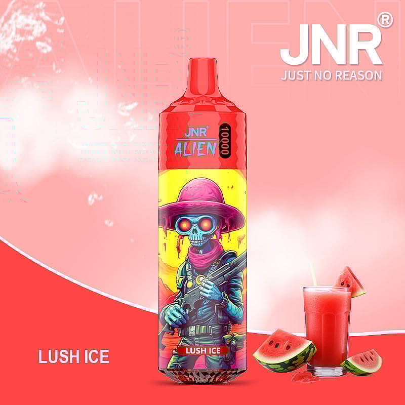 A vividly designed vaping device labeled 'JNR Alien 10000' with artwork of a colorful alien wearing a pink hat, set against a background featuring a glass of red juice and watermelon slices, emphasizing the 'Lush Ice' flavor.