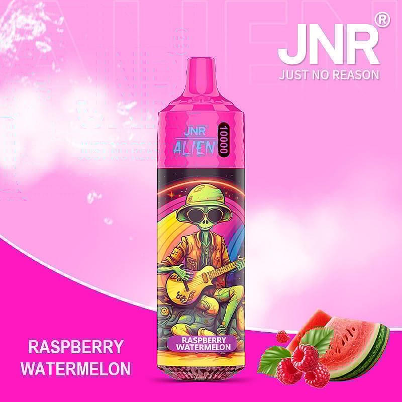 A vibrant raspberry watermelon-flavored vape device from JNR with a colorful alien-themed design against a pink background.