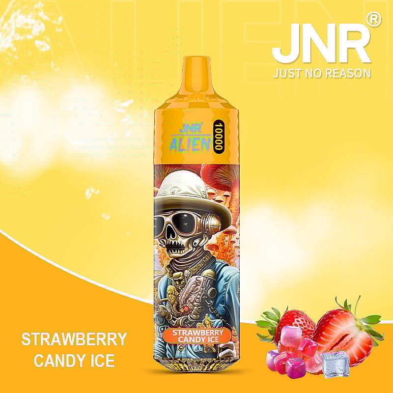 A yellow-themed packaging design for a vaping device by JNR featuring the flavor Strawberry Candy Ice, illustrated with strawberries, candy, and ice cubes.