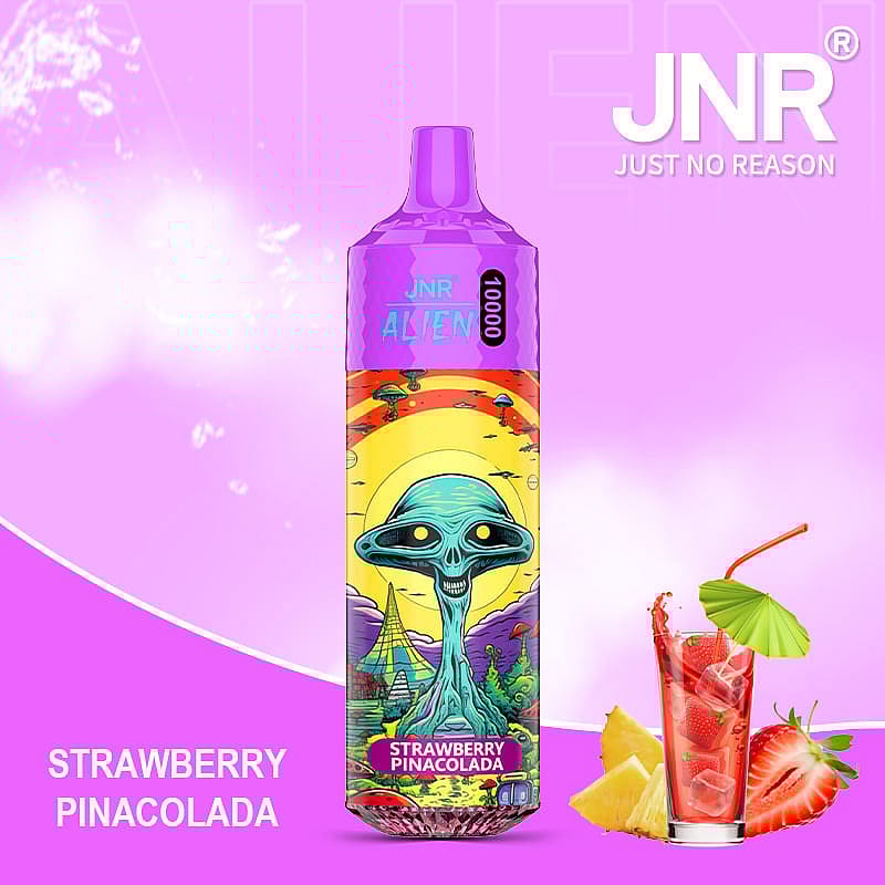 Promotional image of a JNR ALIEN 10000 vaping product in Strawberry Pinacolada flavor, with a colorful alien-themed design, accompanied by a tropical drink illustration on a vibrant purple background.