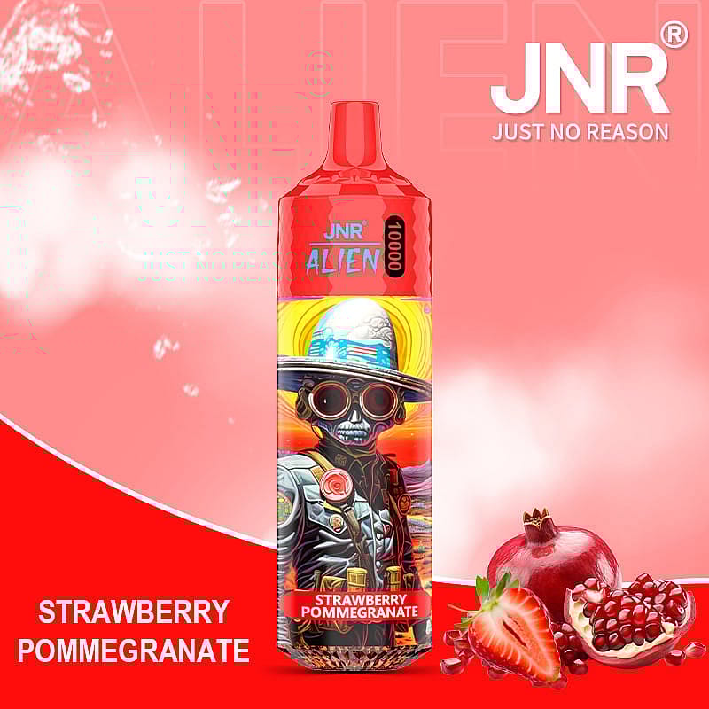 A stylized vaporizer product with a colorful design featuring sci-fi artwork, branded as "JNR Alien 10000" in strawberry pomegranate flavor, with images of strawberries and pomegranate displayed on a red-themed background.