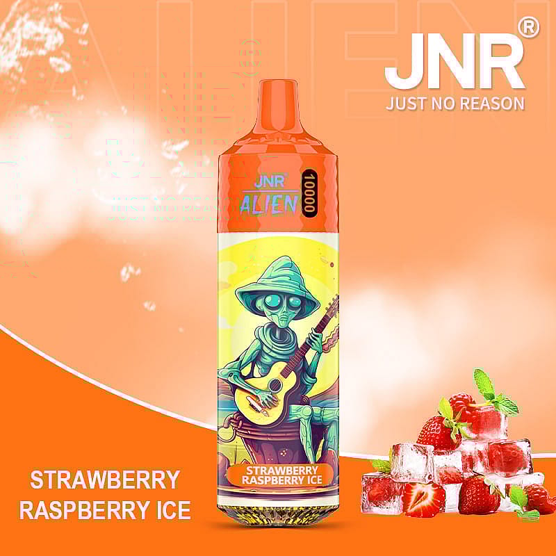 A vibrant vape packaging design featuring an alien with a blurred face playing guitar, set against a yellow background, accompanied by the text 'Strawberry Raspberry Ice' and images of strawberries, raspberries, and ice cubes.