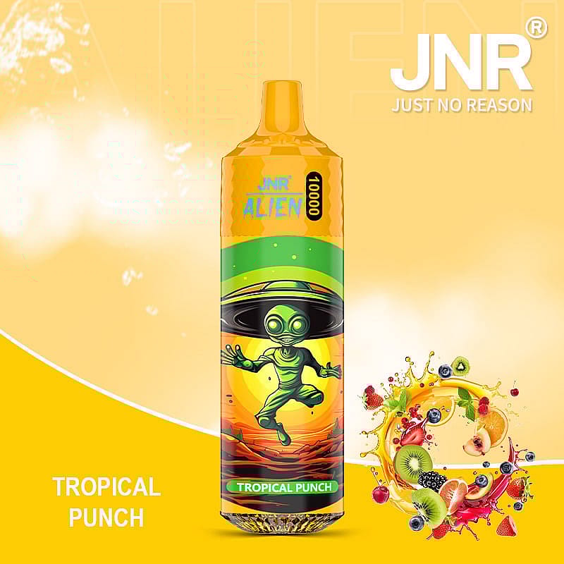A bright design packaging for JNR Alien Tropical Punch flavor vape, featuring a green alien illustration in a vibrant, colorful background depicting a tropical theme with fruit elements.