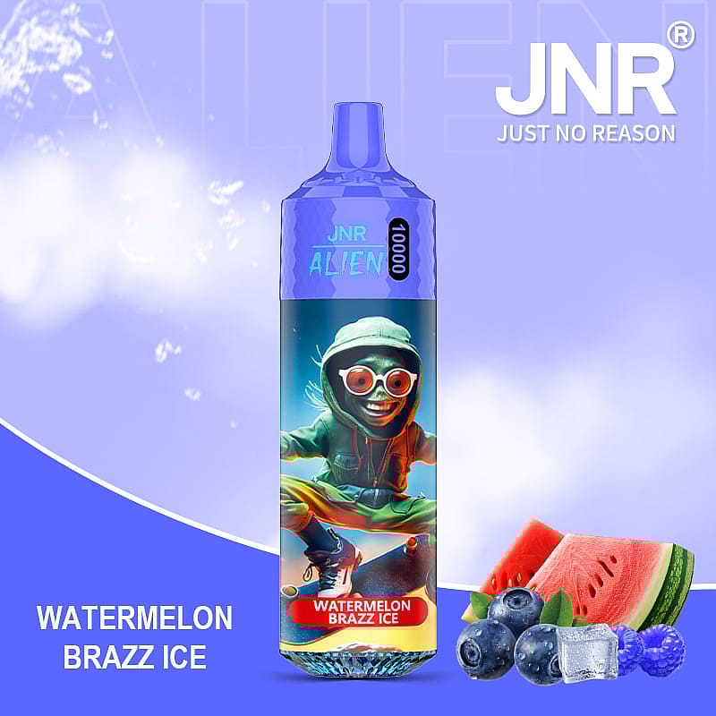 A colorful vaping device labeled 'JNR Alien 10000' in the flavor Watermelon Brazz Ice, featuring design elements like fruit imagery and a blurred human figure on its wrapping.