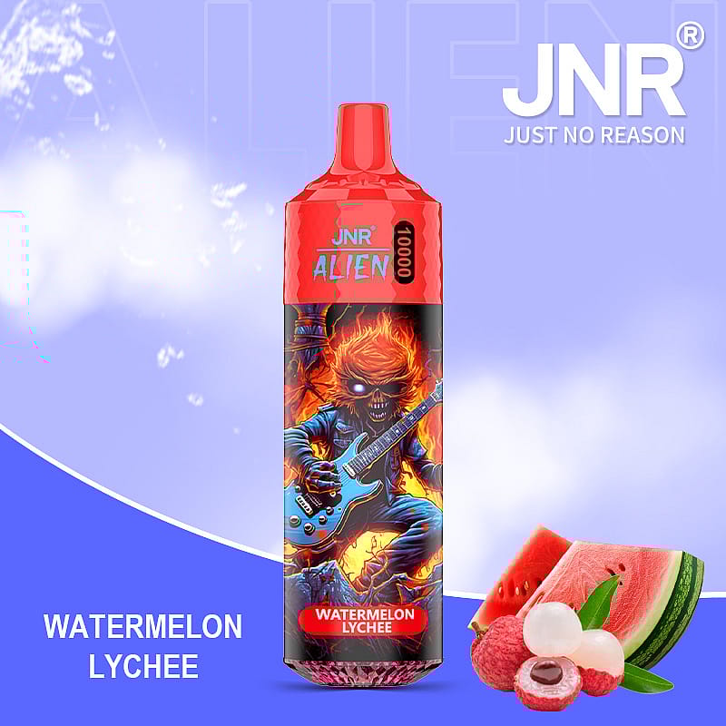 A red and black vape device branded as JNR Alien featuring artwork of a fiery skeleton playing a guitar and labeled with the flavor 'Watermelon Lychee' next to images of watermelon slices and lychee fruits on a blue background.