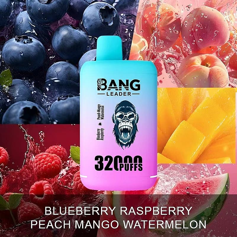 A colorful Bang Leader vape device labeled with flavors blueberry, raspberry, peach, mango, and watermelon, surrounded by images of corresponding fruits and splashes.