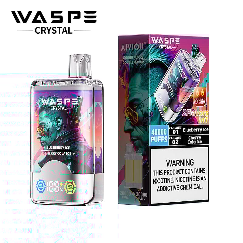 Image promotionnelle du produit de vapotage Wasp Crystal présentant un appareil à double saveur et emballage, mettant en évidence les spécifications et les étiquettes de mise en garde.