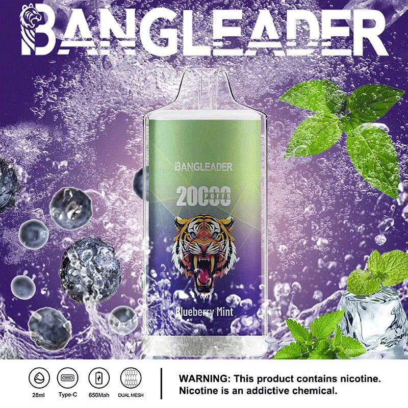 Imagen promocional de un dispositivo de vapeo de la marca Bangleader con sabor a menta y arándano, un gráfico de tigre y un texto que indica 20.000 bocanadas, sobre un fondo de arándanos y hojas de menta con una advertencia sobre la adicción a la nicotina.