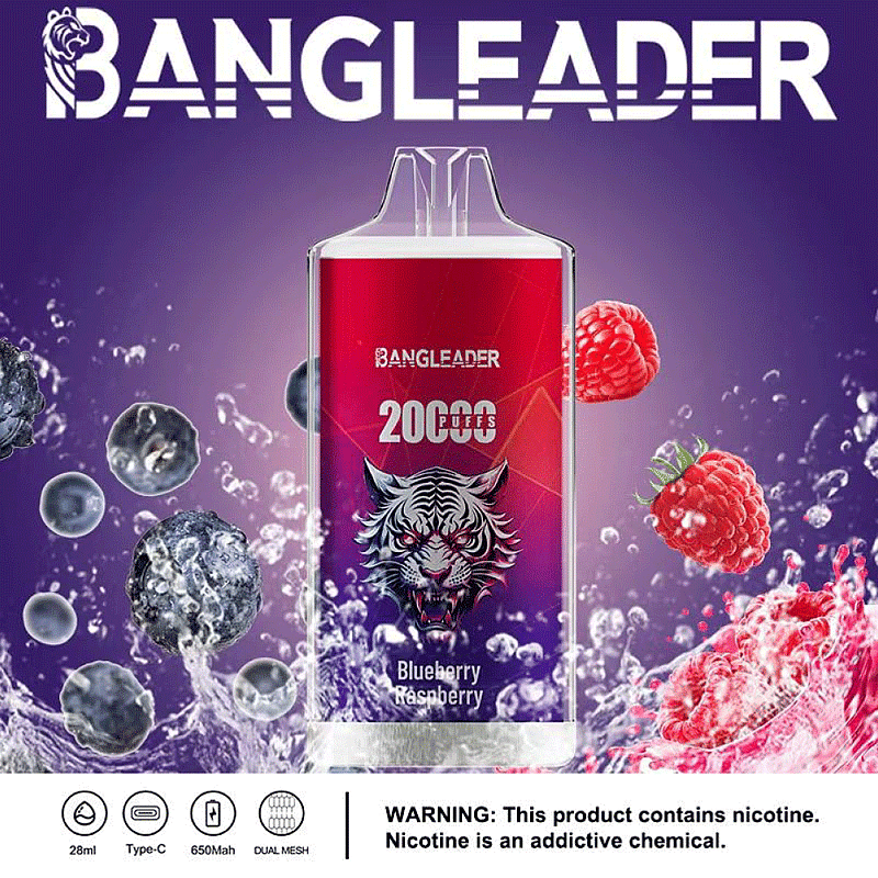Imagen del producto de un dispositivo de vapeo BangLeader con un fondo rojo y morado llamativo y gráficos de arándanos y frambuesas; el dispositivo tiene la etiqueta '20,000 Puffs' con un gráfico de tigre estilizado e incluye especificaciones: capacidad de 28 ml, puerto tipo C, batería de 650 mAh, malla dual, con una advertencia de nicotina debajo.