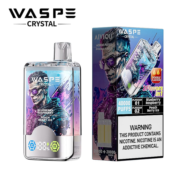 Une image du produit de la vape WASPE Crystal avec son emballage, mettant en évidence des caractéristiques telles que les doubles saveurs de myrtille framboise et de pêche baie glacée, une capacité de 40 000 bouffées et une étiquette d'avertissement de nicotine.