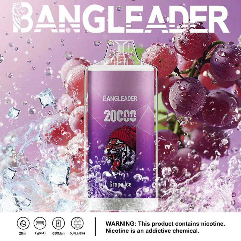 Imagen promocional del dispositivo de vapeo Bangleader con sabor a uva helada con 20.000 bocanadas, sobre un fondo de uvas y hielo, y una advertencia de nicotina en la parte inferior.