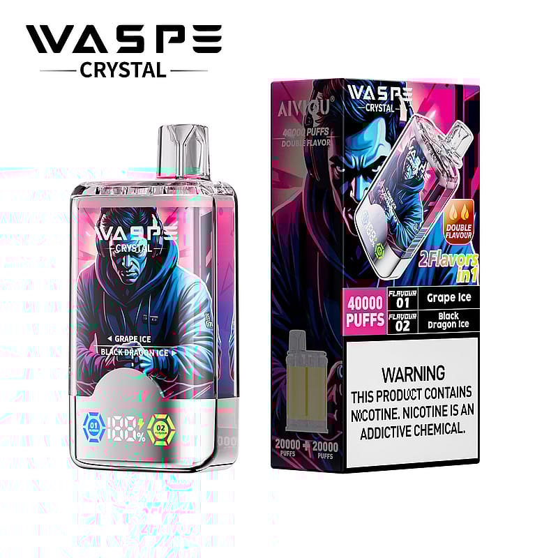 Emballage et produit de la vape jetable WASP CRYSTAL mettant en valeur 2 saveurs, Grape Ice et Black Dragon Ice, avec une capacité de 40 000 bouffées et un avertissement de nicotine.