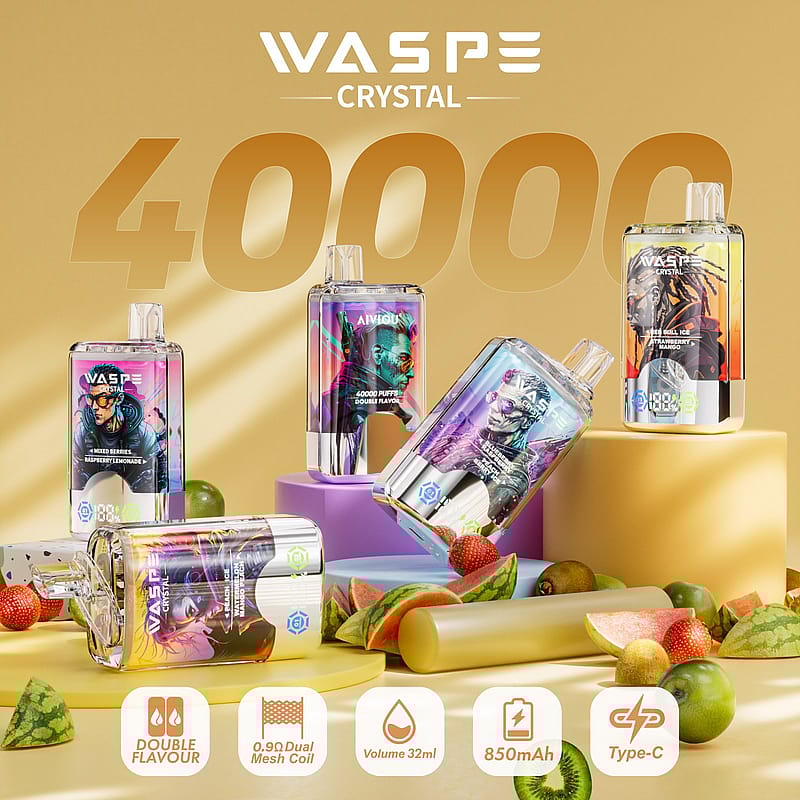 Produits de vapotage colorés étiquetés « Wasp Crystal » avec des fruits et des fonctionnalités affichées, notamment une double saveur, 40 000 bouffées et une charge de type C.