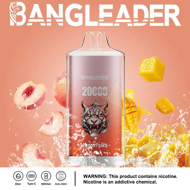 Un vaporizador desechable Bangleader con diseño de tigre y sabor a mango y melocotón, rodeado de salpicaduras de agua y trozos de mango y melocotón flotando, con una advertencia de nicotina en la parte inferior.
