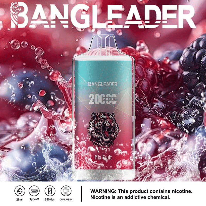 La imagen muestra un dispositivo de vapeo Bangleader con una capacidad de 20.000 bocanadas, sumergido en un chorro de jugos de frutas mixtas, enfatizando su sabor a frutas mixtas; el dispositivo tiene un diseño elegante con un logotipo de tigre, y hay una advertencia de nicotina en la parte inferior que indica que la nicotina es una sustancia química adictiva.