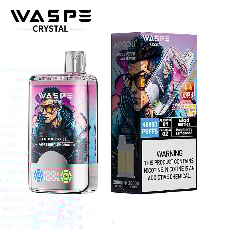 Un appareil à vapotage WASPE Crystal et son emballage, aux saveurs de baies mélangées et de limonade à la framboise. L'emballage met en avant 40 000 bouffées et avertit que le produit contient de la nicotine, une substance chimique addictive. L'appareil à vapotage présente un écran numérique et un graphique illustré d'une personne portant des lunettes de soleil sur l'emballage.