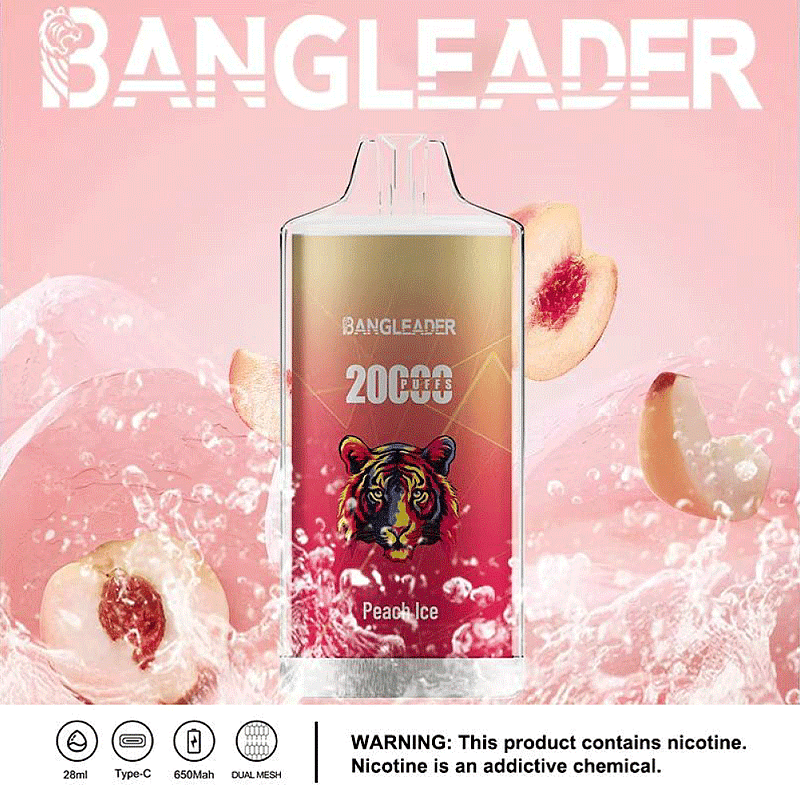 Imagen promocional de un dispositivo de vapeo Bangleader Peach Ice con 20.000 bocanadas mostrado sobre un fondo rosa con duraznos y hielo, con una ilustración de un tigre; los detalles del producto incluyen capacidad de 28 ml, carga tipo C, batería de 650 mAh y una advertencia de nicotina.