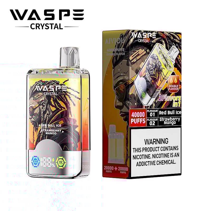 Conception de l'emballage et du produit de la vape WASP Crystal avec deux saveurs, Red Bull Ice et Strawberry Mango, avec des illustrations audacieuses et une étiquette d'avertissement sur la nicotine.