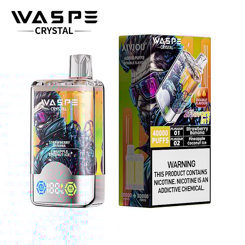 Un appareil à vapotage transparent étiqueté « Wasp Crystal » offrant 40 000 bouffées, avec des saveurs de fraise-banane et de glace à la noix de coco-ananas, ainsi que son emballage dynamique affichant des détails de produit similaires et un avertissement concernant la nicotine.