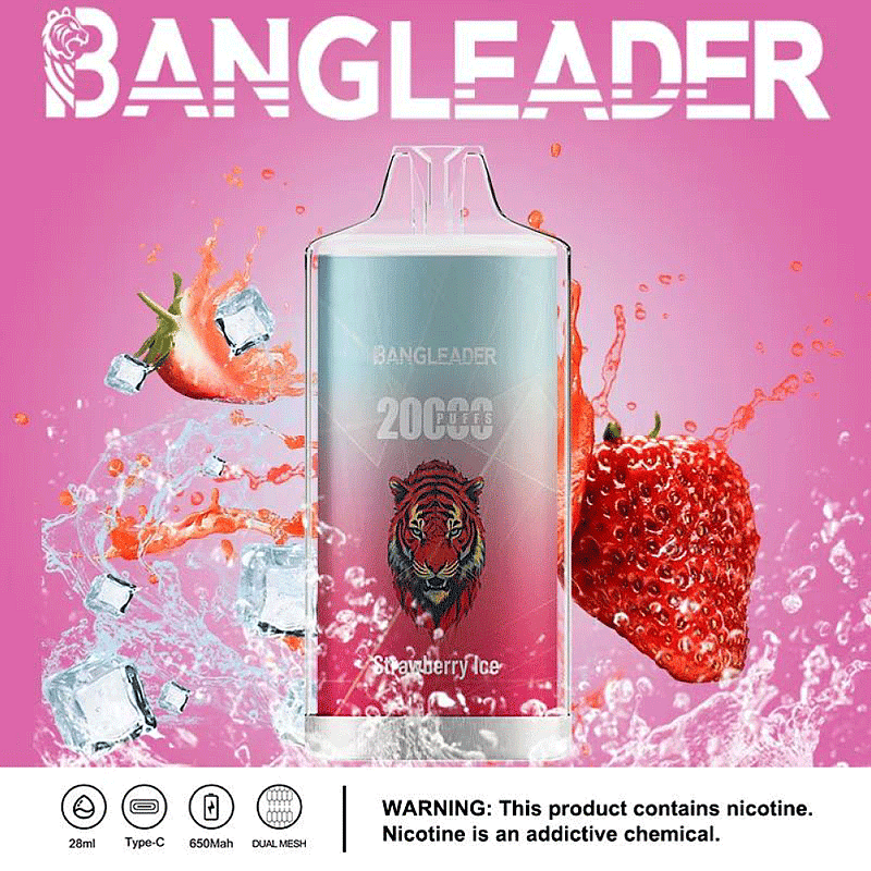 Publicidad del vaporizador desechable Bangleader de 20.000 bocanadas con sabor a helado de fresa y el logotipo de un tigre, junto a un fondo de fresas y cubitos de hielo, y una advertencia de nicotina en la parte inferior.