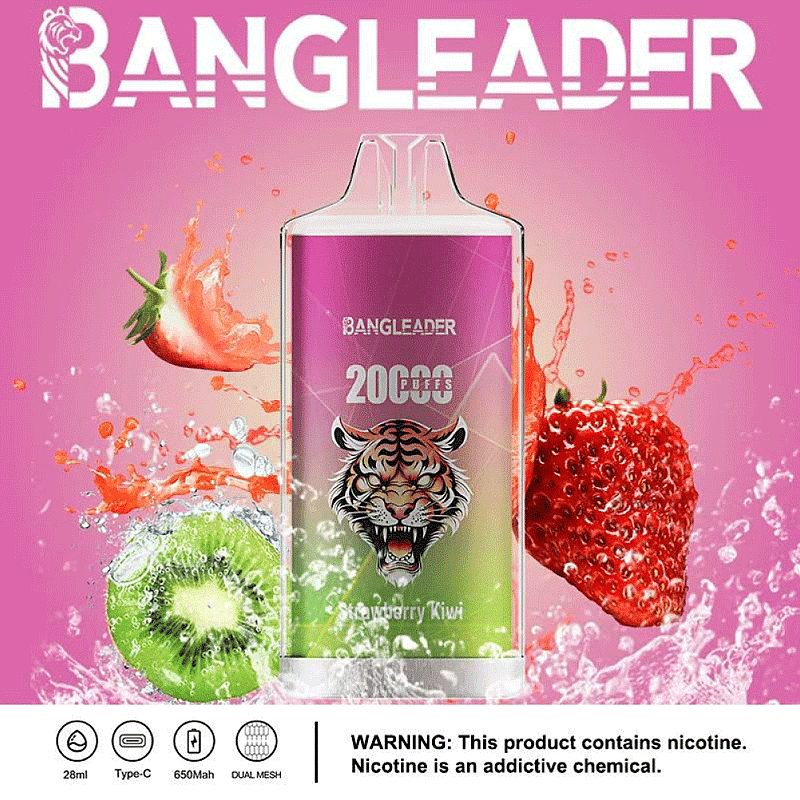 Imagen promocional del vaporizador Bangleader con el logotipo de un tigre y con el sabor "Strawberry Kiwi" (fresa y kiwi) con detalles de fresas frescas y kiwi; el texto indica "20 000 bocanadas" e incluye una advertencia sobre la nicotina.