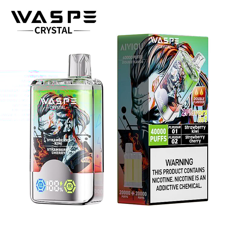 Une représentation du produit de vapotage WASP Crystal, montrant l'appareil et son emballage qui annonce 40 000 bouffées et deux saveurs de fraise kiwi et de fraise cerise, avec un avertissement sanitaire sur la teneur en nicotine.