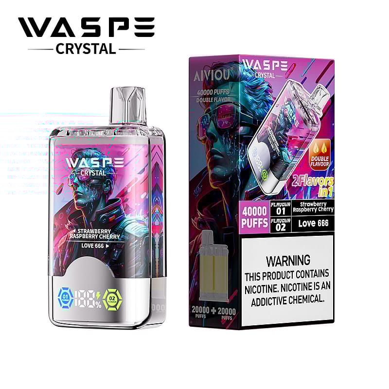 Un vaporisateur WASP Crystal avec un emballage mettant en valeur la saveur « Fraise Framboise Cerise », avec un design élégant et un avertissement sur la teneur en nicotine.
