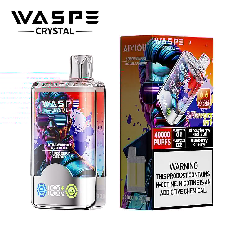 Une image du produit présentant l'appareil à vapotage WASP Crystal à côté de son emballage, mettant en évidence ses doubles saveurs, sa capacité de bouffée et son avertissement concernant la nicotine.