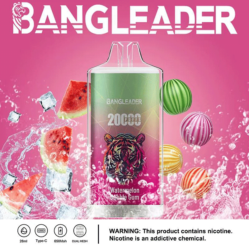 Imagen promocional del vaporizador Bangleader con sabor a sandía y chicle, con un gráfico de tigre en el dispositivo, rodeado de rodajas de sandía y chicles de colores, junto con detalles del producto y una advertencia de nicotina.