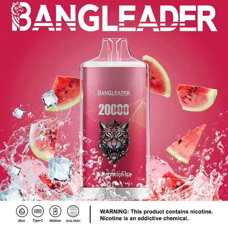 Imagen promocional del vaporizador Watermelon Ice de Bangleader con 20.000 bocanadas que presenta una ilustración de un tigre, rodeado de rodajas de sandía salpicadas y cubitos de hielo, con una advertencia de nicotina en la parte inferior.