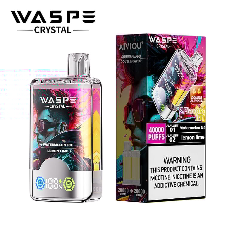 Appareil de vapotage et emballage Wasp Crystal présentant des illustrations et des saveurs audacieuses et vibrantes : pastèque glacée et citron vert ; étiquette d'avertissement concernant la nicotine incluse.