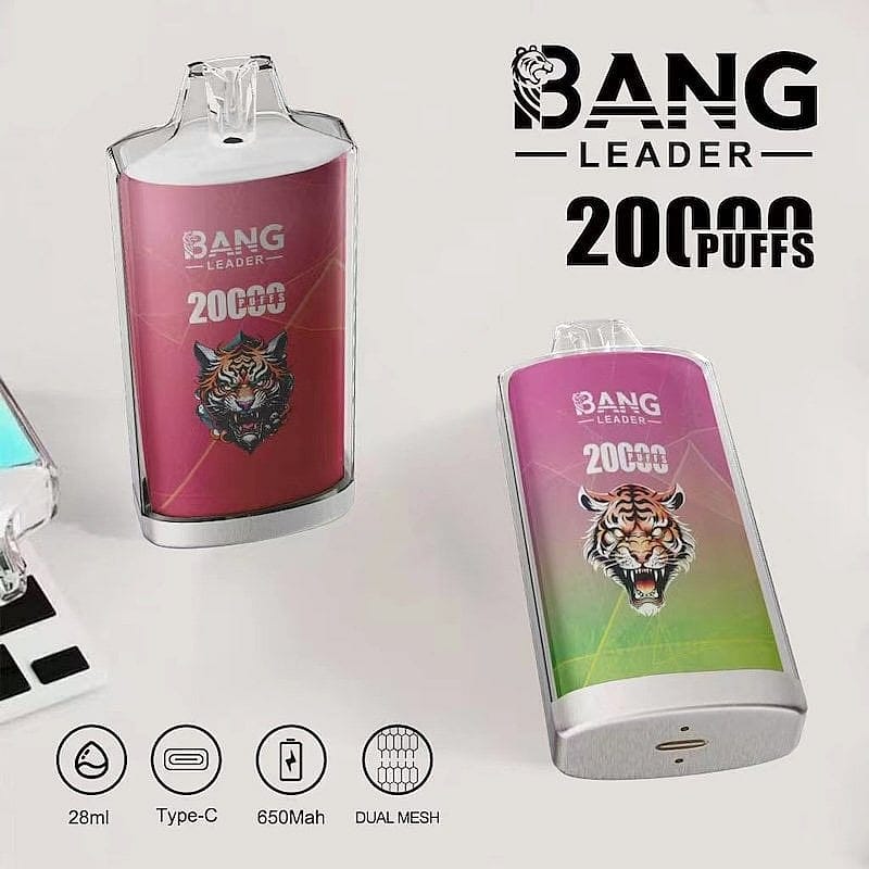 Dos coloridos dispositivos de vapeo desechables Bang Leader con diseño de tigre, cada uno capaz de brindar 20.000 bocanadas, con detalles que muestran 28 ml, carga tipo C, 650 mAh y tecnología de malla dual.