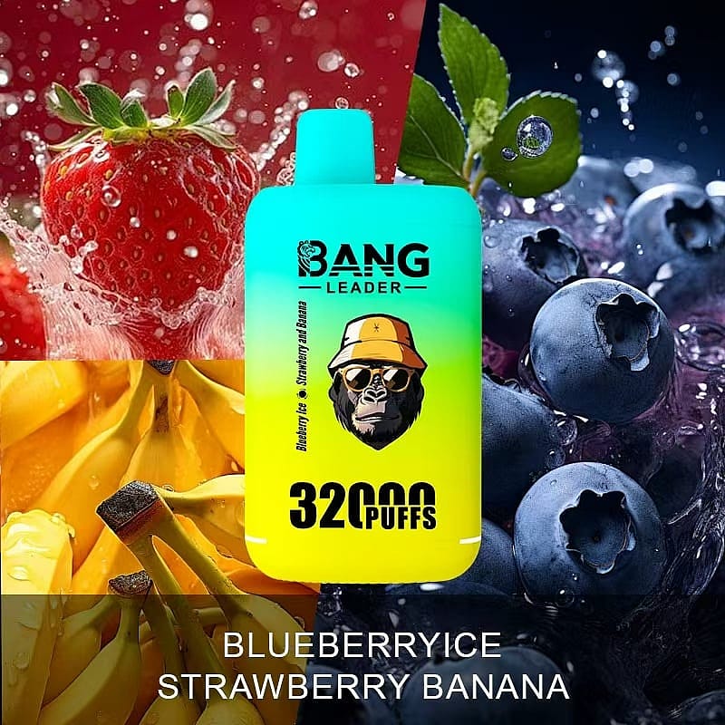 A vibrant electronic vape device labeled 'Bang Leader' with '32000 puffs,' featuring flavor images of strawberries, bananas, and blueberries with the text 'Blueberry Ice Strawberry Banana.'