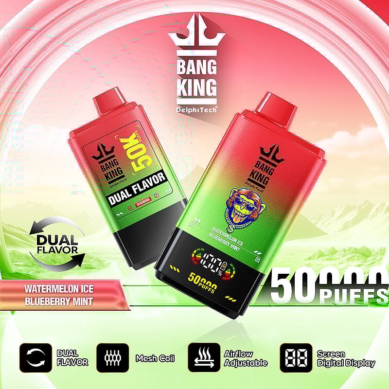 Bang King vapingapparat med dubbla smaker i rött, grönt och svart, med 50 000 puffar med smaker av vattenmelon is och blåbärsmint, och en digital skärmbild mot en stiliserad bakgrund.