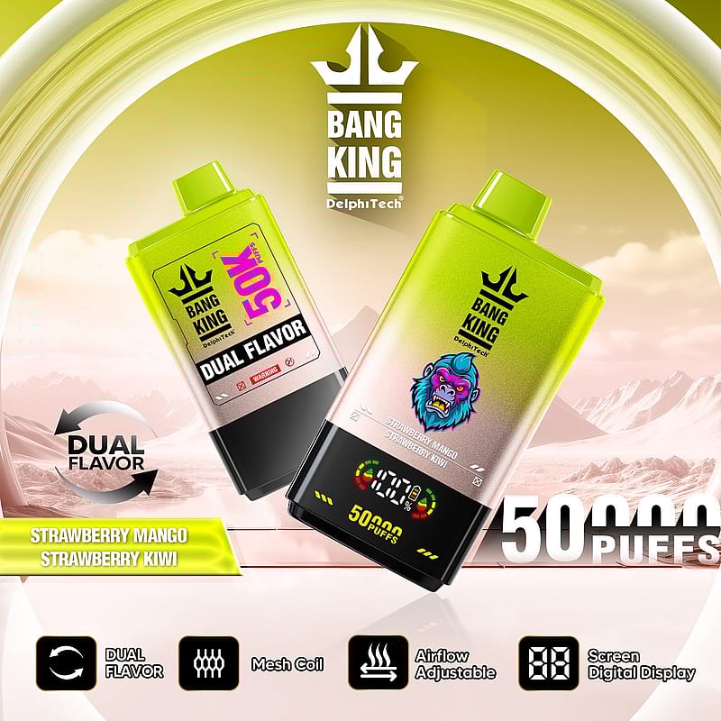 Kampanjbild för Bang King vape-enheter med dubbla smaker, med smaker av jordgubbsmango och jordgubbskiwi, kapacitet för 50 000 puffar, mesh-spole, justerbart luftflöde och en digital display i en levande, stiliserad bakgrund.