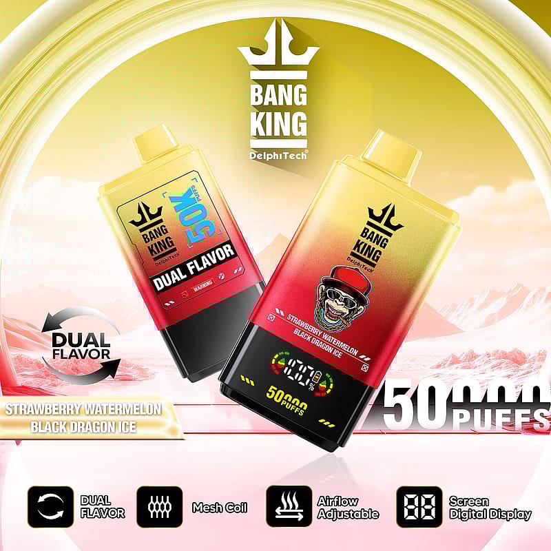 Reklambild av Bang King vape-enheter med dubbla smaker - Strawberry Watermelon och Black Dragon Ice - med höjdpunkter på dess kapacitet på 50 000 puffar, mesh-spole, justerbart luftflöde och digital skärm, mot en stiliserad bergsbakgrund.