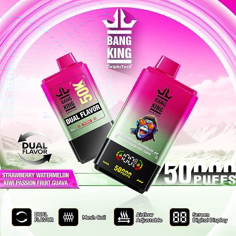 Reklambild av Bang King vape-enheter med dubbla smaker, Strawberry Watermelon och Kiwi Passion Fruit Guava, med en digital display och justerbart luftflöde, mot en livfull rosa bakgrund med ett bergslandskap.