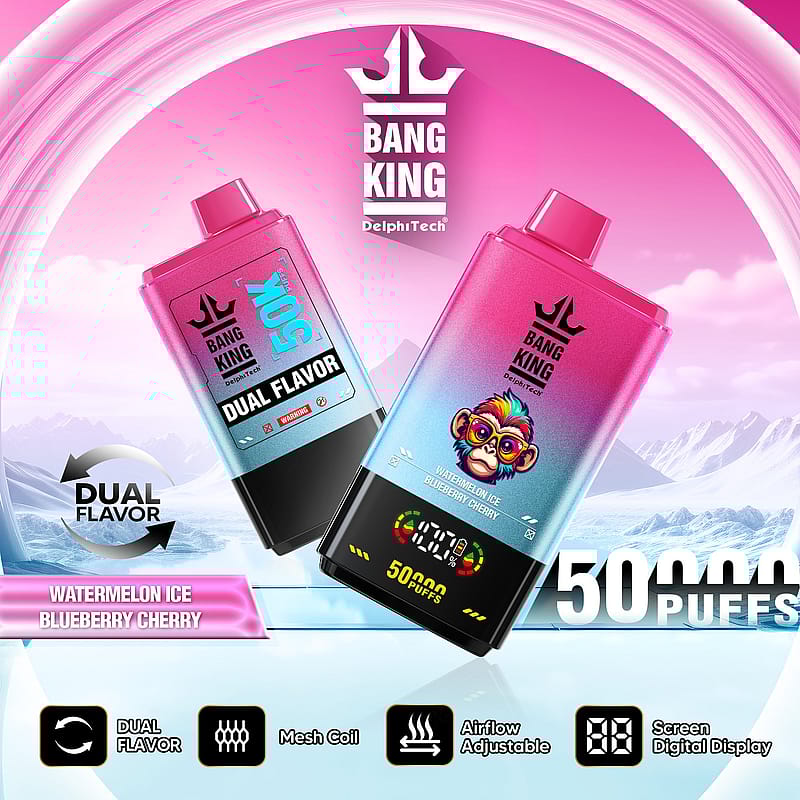 Annons för Bang King DelphiTech vaping-enhet med dubbla smaker Watermelon Ice och Blueberry Cherry, med en kapacitet på 50 000 puffar, mesh-spole, justerbart luftflöde och en digital display.