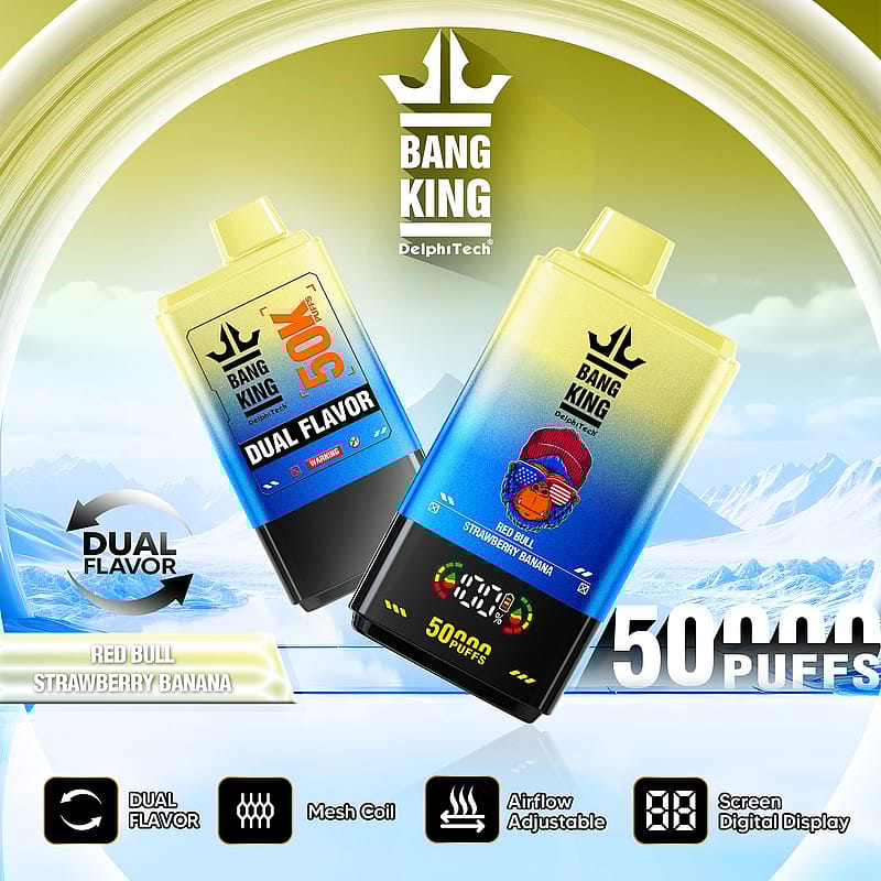 Reklambild av Bang King vape-produkter med dubbla smaker "Red Bull" och "Strawberry Banana", var och en erbjuder 50 000 bloss, med höjdpunkter på dubbelsmakteknologi, mesh-spole, justerbart luftflöde och en digital display, mot bakgrund av snötäckta berg.