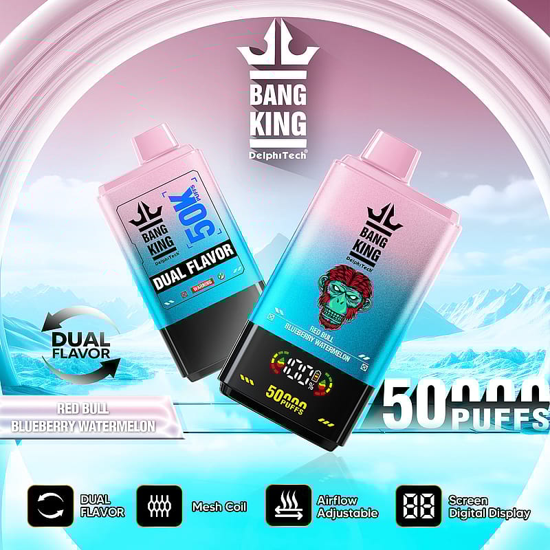 Kampanjbild för Bang King vape med dubbla smaker med 50 000 puffar, med smaker av Red Bull och Blueberry Watermelon, en digital display och ett justerbart luftflöde, mot en stiliserad isig bergsbakgrund.